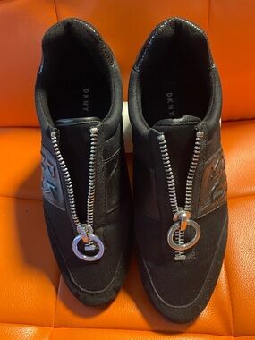 DKNY Black Slip-On Sneakers with Silver Ring Zipper